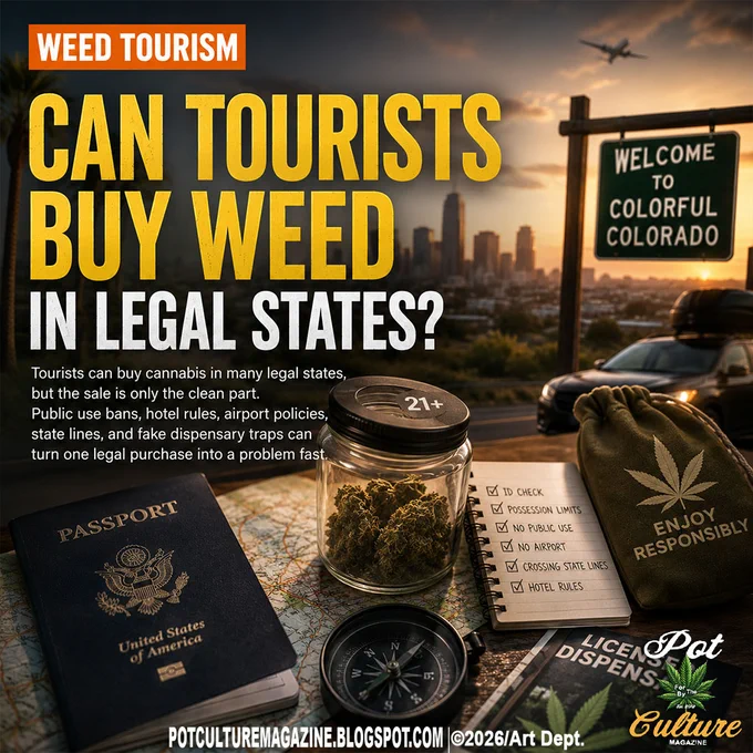 Feature image for “Can Tourists Buy Weed in Legal States?” showing a weed tourism scene with a Colorado road sign, city skyline, passport, map, cannabis jar marked 21 , travel checklist, compass, and “Enjoy Responsibly” bag, with Pot Culture Magazine logo and PotCultureMagazine.Blogspot.com visible.