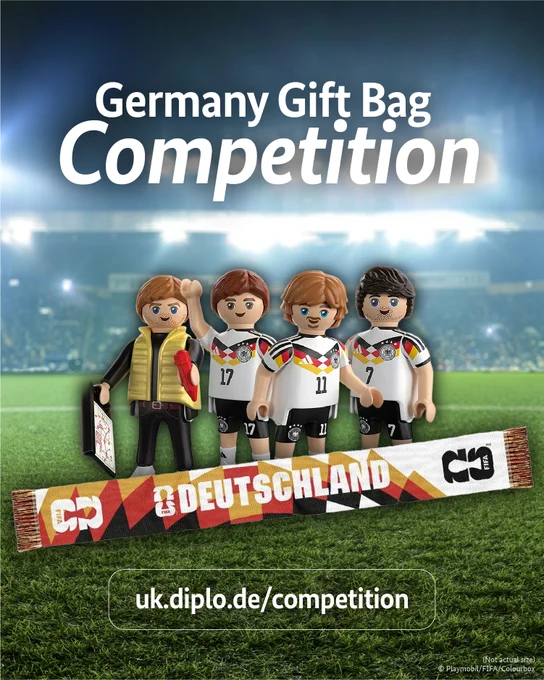 Germany Gift Bag competition. Image of Playmobil figures and a scarf. Link: uk.diplo.de/competition