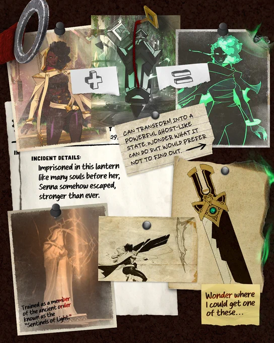 A collection of files about Senna, including images of her base form, Thresh's lantern, her Wraith form, and her relic cannon. A note says, "Can transform into a powerful ghost-like state. Wonder what it can do but would prefer not to find out." An incident report reads, "Imprisoned in this lantern like many souls before her, Senna somehow escaped, stronger than ever." A note over an image of the Abandoned Armory stage says, "Trained as a member of the ancient order known as the 'Sentinels of Light.'" A post-it on the relic cannon says, "Wonder where I can get one of these..." 