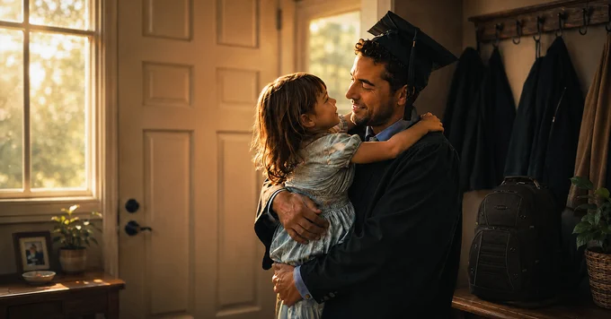 A graduate dad dressed in cap and gown shares a heartfelt hug with his daughter in a warmly illuminated foyer with coats and bags.