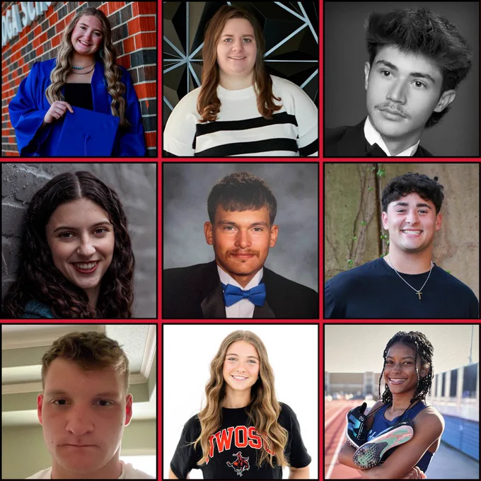 Composite of nine members of the Northwestern Oklahoma State University 2026-27 President's Leadership Class on a red-bordered grid. Top row, left to right: MaKenzi Hamil, Jaelyn Koontz, Matthew Manning. Middle row, left to right: Tatum Ricke, Jose Rodriguez, Tyler Skaggs. Bottom row, left to right: Colton Sudbeck, Ava Watkins, Kailah Wyatt.