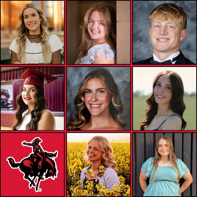 Composite of eight members of the Northwestern Oklahoma State University 2026-27 President's Leadership Class on a red-bordered grid. Top row, left to right: Kylie Adair, Audra Coldiron, Brayden Cowan. Middle row, left to right: Jayli Diel, Katey Doss, Addyson Dunkin. Bottom row, center and right: Tanith Erikson, Afton Froelich. Bottom left cell features the Northwestern Ranger logo on a red background.