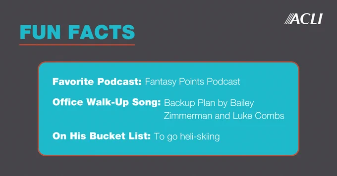 Image titled 'Fun Facts' with the ACLI logo. The text includes: Favorite Podcast: Fantasy Points Podcast. Office Walk-Up Song: Backup Plan by Bailey Zimmerman and Luke Combs. On the Bucket List: To go heli-skiing.