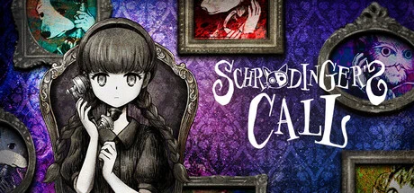 Schrödinger's Call logo with Mary, a young anime-styles girl with pigtail braids and a cute collared shirt with puffy sleeves and an old-fashioned phone to her ear. On the wall behind her are framed pictures of animal people on the phone