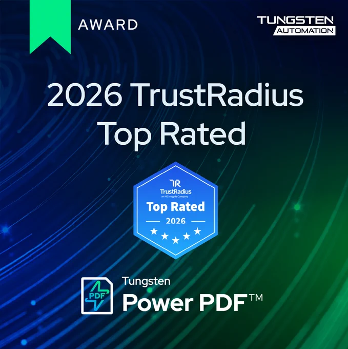 2026 TrustRadius Top Rated award badge for Tungsten Power PDF on a blue and green gradient background.