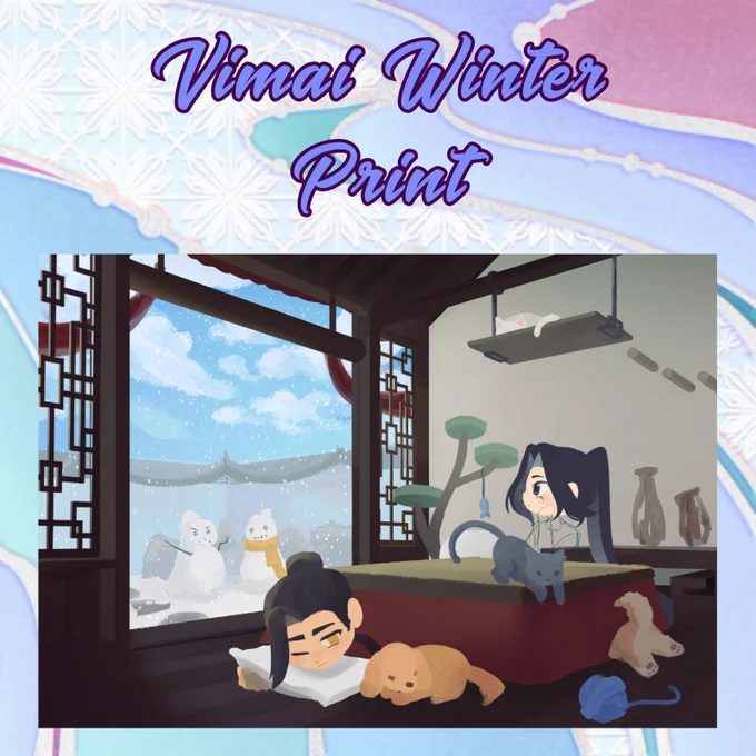 Background with swirly blue-ish colours. On the top part, in cursive blue letters the text Vimai Winter Print, and underneath is a full preview of the item