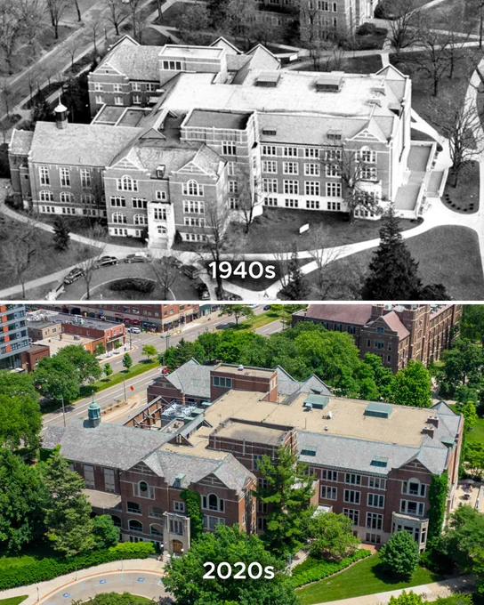 Aerial view comparing MSU Union building and its surroundings: top in black and white with fewer trees, older cars, labeled \"1940s\"; bottom in vibrant color with lush green foliage, modern vehicles, and more urban development, labeled \"2020s\".