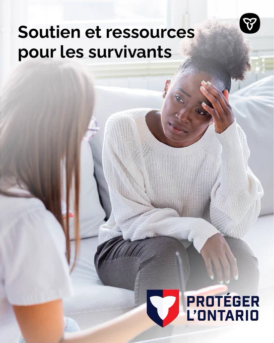 Une femme inquiète parle à une conseillère. Le texte indique : Soutien et ressources pour les survivants