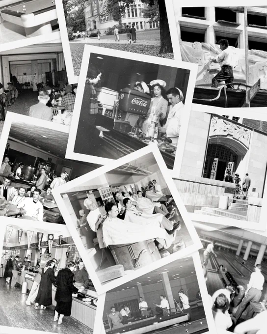 Collage of black and white vintage photos showing various scenes of university life at the MSU union. Images include students on campus, a person sculpting, people at a Coca-Cola soda fountain, a cafeteria, a store with 'Michigan' pennants, a barbershop, and recreational activities like pool and bowling.