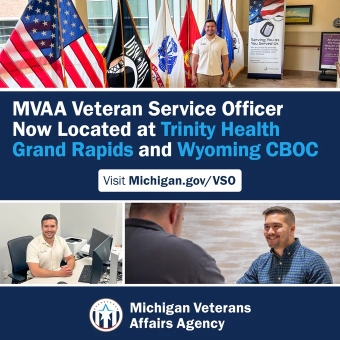 Photo collage of Austin Ramey in his office, talking with a veteran and standing next to the military branch flags. Text says 'MVAA Veteran Service Officer now located at Trinity Health Grand Rapids and Wyoming CBOC. Visit Michigan.gov/VSO' with the Michigan Veterans Affairs Agency logo