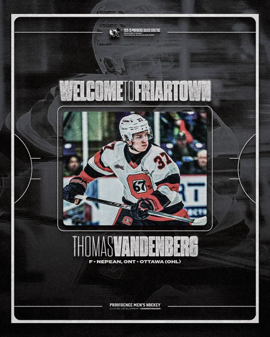 Graphic with text Welcome to Friartown announcing the addition of Thomas Vandenberg to the 2026-27 men's hockey roster