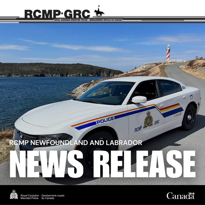 A photo of an RCMP vehicle parked on a roadway. A lighthouse is visible in the background near a large body of water. The words "NEWS RELEASE" and "RCMP NEWFOUNDLAND AND LABRADOR" are on the image.  