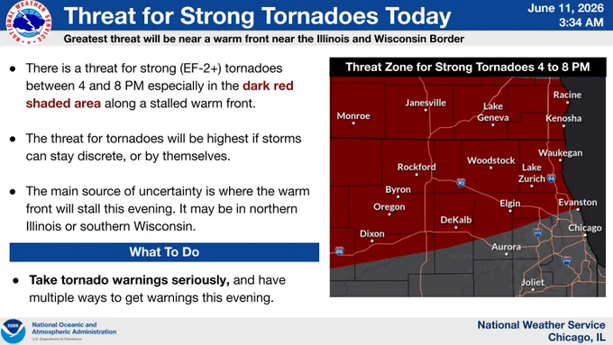 National Weather Service alert: Strong (EF-2 ) tornado threat for June 11, 2026, 4-8 PM, near the Illinois/Wisconsin border. Map shows a dark red threat zone covering cities like Chicago, Rockford, Janesville, and Racine. Take warnings seriously.