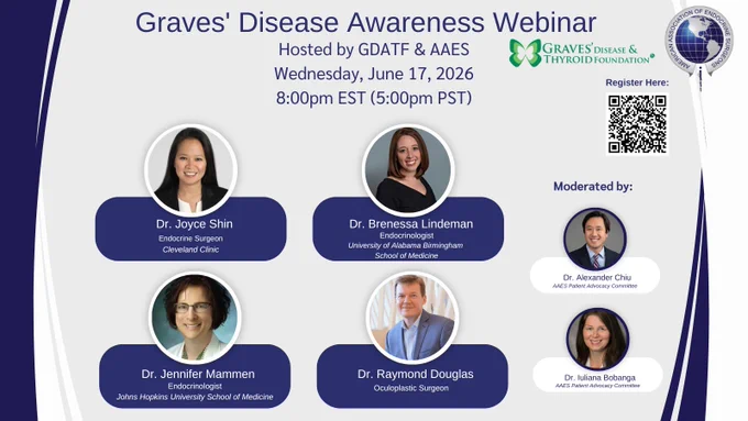 Head shots of webinar moderators & panelists

Moderators:

Dr. Alexander Chiu
Dr. Iuliana Bobanga

Panelists:
Dr. Joyce Shin, Endocrine Surgeon, Cleveland Clinic
Dr. Brenessa Lindeman, Endocrine Surgeon, University of Alabama Birmingham School of Medicine
Dr. Jennifer Mammen, Endocrinologist, Johns Hopkins University School of Medicine
Dr. Raymond Douglas, Oculoplastic Surgeon
