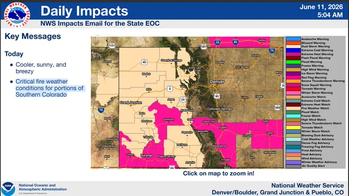 NWS graphic critical fire weather conditions for portions of Southern Colorado. 