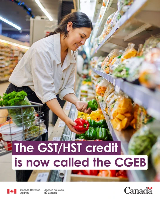 A person holds produce inside a grocery store. The text reads: “The GST/HST credit is now called the CGEB.”