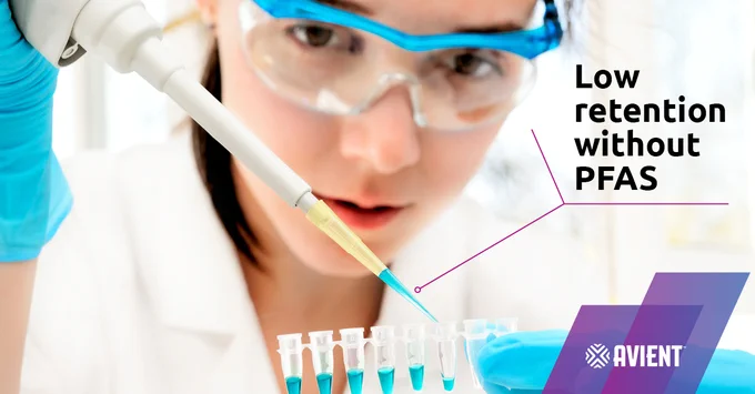 Scientist wearing safety goggles uses a pipette to transfer liquid into test tubes. Text reads "Low retention without PFAS." Avient logo is visible.