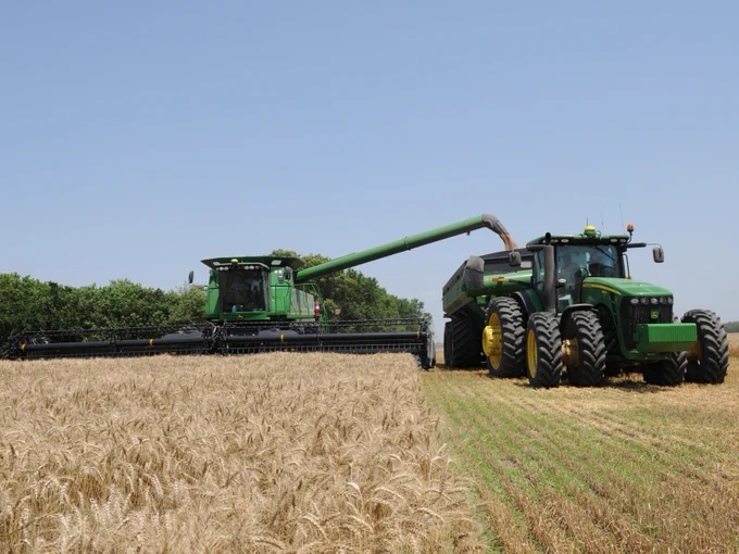 combine harvesting wheat field while dumping into grain cart