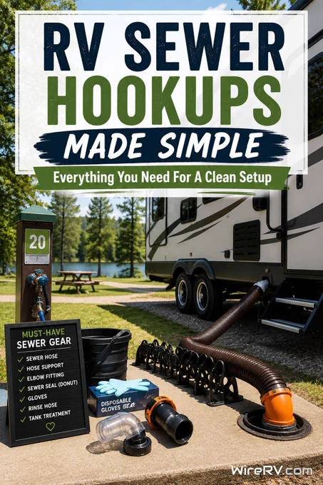 RV campsite with organized sewer hookup gear, hose support, fittings, and utility connections.