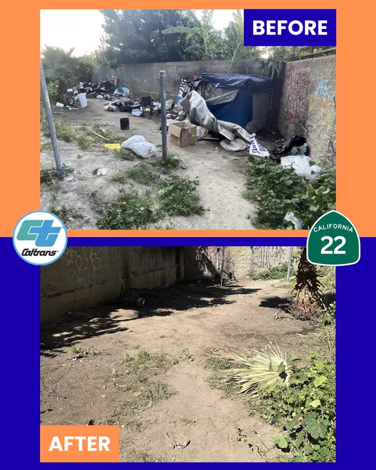 A comparison photo of a dirt area with sparse vegetation bordered by a wall with the top photo showing the area with trash and debris. The bottom photo shows the same area cleared away.