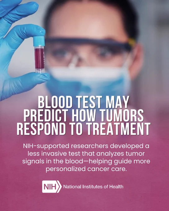A person in a lab coat holds up a small vial of blood. The text overlay reads: "Blood test may predict how tumors respond to treatment. NIH-supported researchers developed a less invasive test that analyzes tumor signals in the blood—helping guide more personalized cancer care." The NIH logo is at the bottom.