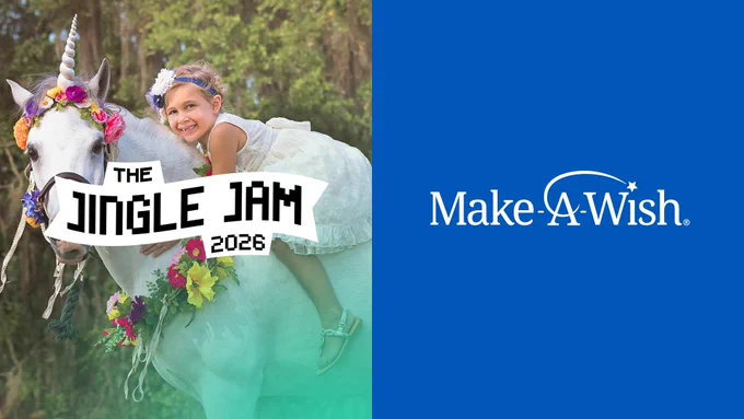 Jingle Jam 2026 charity partner graphic. Left features smiling girl sat on horse dressed as a unicorn and Jingle Jam 2026 logo. Right features Make-A-Wish logo.