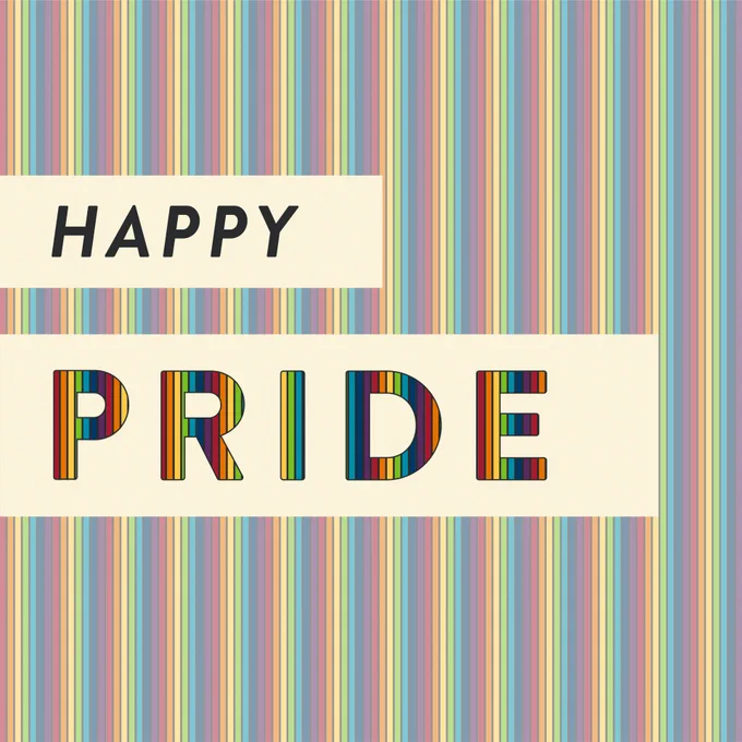 Rainbow striped background. Text reads, "Happy Pride."