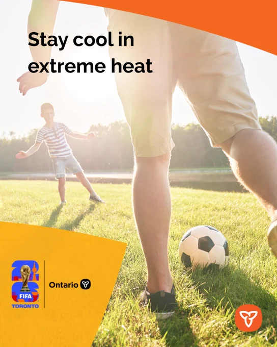 Two people playing soccer in the sun. Text: Stay cool in extreme heat 