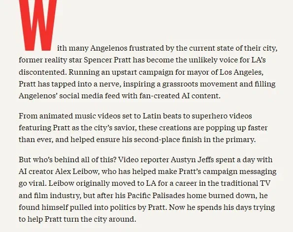 Screenshot of The Free Press website. The header shows The Free Press logo. The page is an article titled "Inside Spencer Pratt's Viral Video Machine," dated June 3, 2026, by Austyn Jeffs, with the subheading: "The former reality star's campaign has become an online phenomenon. Austyn Jeffs met one creator powering Pratt's surge with viral AI ads." The featured image shows a man in a green t-shirt reading "pratt" speaking into a microphone with one arm raised, with a caption overlay reading "Who's having a Pratt summer?"