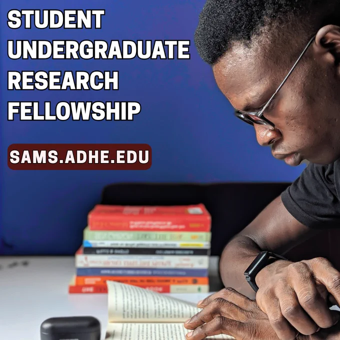 A student reads a book from a stack beside him. The text to the left reads: Student Undergraduate Research Fellowship with the website, sams.adhe.edu.