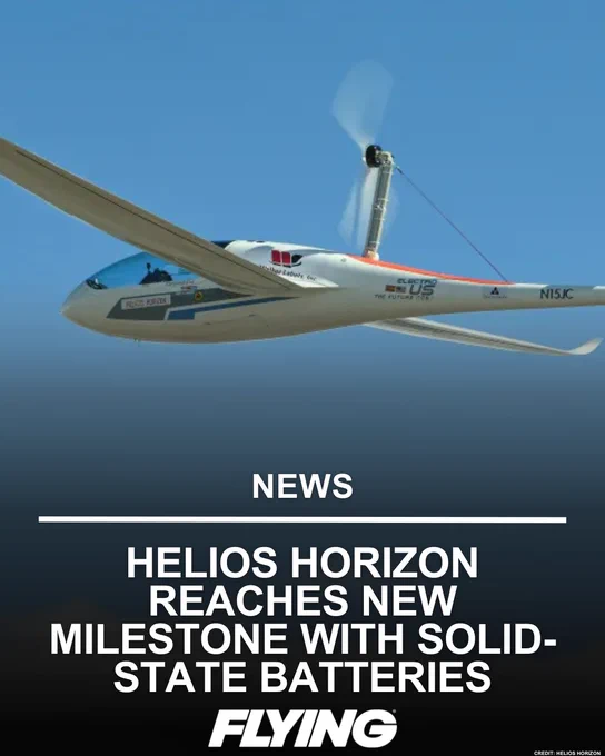 An aircraft from Helios Horizon demonstrates new advancements with solid-state batteries, showcasing innovation in aviation technology. The scene conveys a sense of progress and excitement.