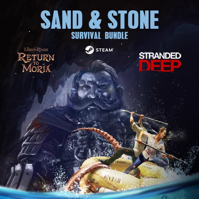 Promo image for Sand & Stone Survival Bundle featuring game logos and key art of a Dwarf from Moria in the background and the survivors on a raft in the foreground.