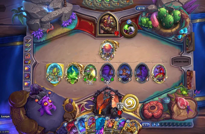 the image shows the Underfel Rift, Felhorn, Felhunter with Amphibian's Spirit, Sinestra's Wing with Amphibian's Spirit, Sinestra, Sinestra's Wing and Treacherous Tormentor on Leolph's side of the board. The opponent is left with his last Egg of Khelos (the Umbra-rezzed ones are already dead) and 13 HP left. Next turn the game ended with a win. There is still a charging, windfury, and insane  x buffs Wallow in the deck. Just saying. Right?