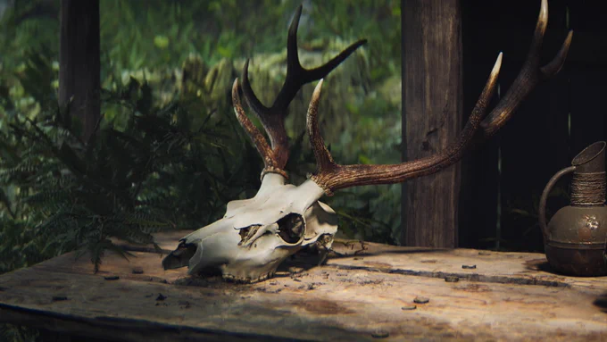 An in-engine screenshot from Senua showing a stag skull in an environment.