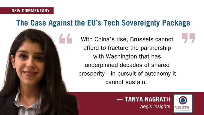 A commentary image featuring a young woman alongside text arguing against the EU's tech sovereignty package. The mood is professional and analytical.