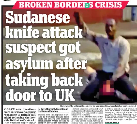 Daily Mail article with headline that reads: Sudanese knife attack suspect got asylum after taking back door to UK 