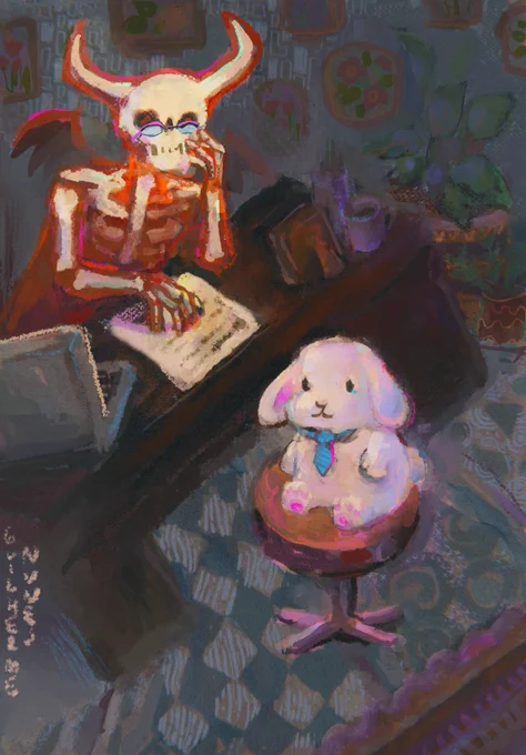 A painting of a rabbit wearing a bow tie at a job interview where a bespectacled demon skull is reading his resume.