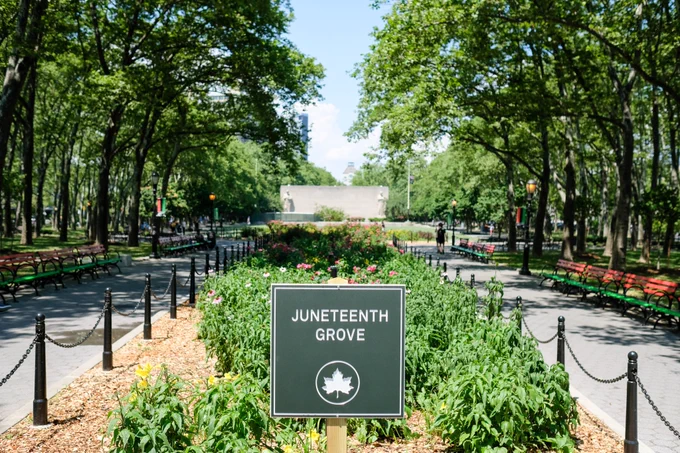 A parks sign stating "Juneteenth Grove" along a pathway of flowers 