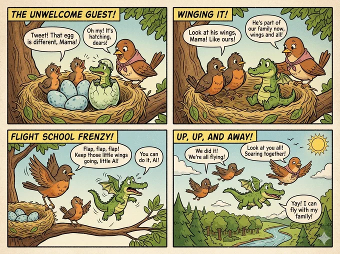 Create a 4 panel retro cartoon of an baby alligator hatching from an egg in a Robin's nest with other baby robins. The alligator grows wings and is taught how to fly by his moma robin with her young