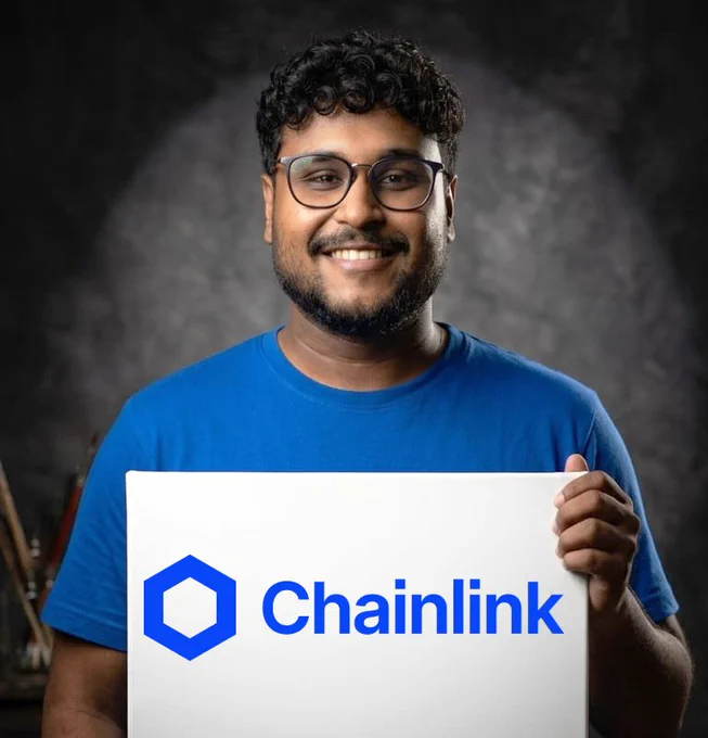 AI generated image of author holding a sign with Chainlink Logo