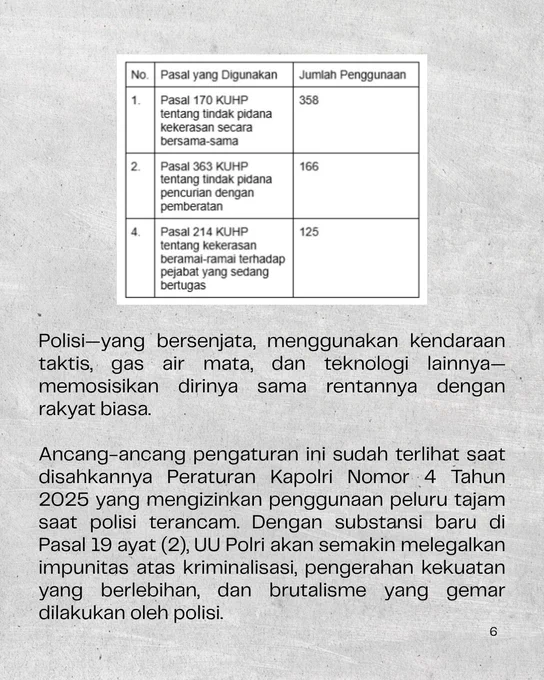 Pasal 170 KUHP tentang tindak pidana kekerasan secara bersama-sama: digunakan 356 kali
Pasal 214 KUHP tentang kekerasan beramai-ramai terhadap pejabat yang sedang bertugas: digunakan 125 kali

Polisi -- yang bersenjata, menggunakan kendaraan taktis, gas air mata, dan teknologi lainnya -- memosisikan dirinya yang sama rentannya dengan rakyat biasa.

Ancang-ancang pengaturan ini sudah terlihat saat disahkannya Peraturan Kapolri Nomor 4 Tahun 2025 yang mengizinkan penggunaan peluru tajam saat polisi terancam. Dengan substansi baru di Pasal 19 ayat (2), UU Polri akan semakin melegalkan impunitas atas kriminalisasi, pengerahan kekuatan yang berlebihan, dan brutalisme yang gemar dilakukan oleh polisi.