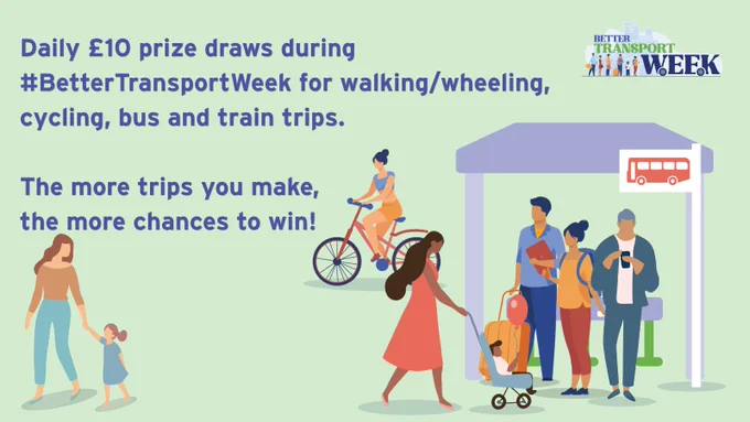 Illustration of people walking, cycling, and waiting at a bus stop promoting daily £10 prize draws for #BetterTransportWeek trips.