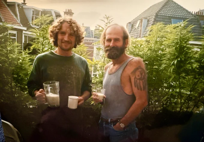 Paul J. von Hartmann shares a blender of Leché Verdé with legendary nuclear activist Rick Paul Springer, surrounded by biodynamic, landrace Cannabis. Den Haag, Netherlands 1998