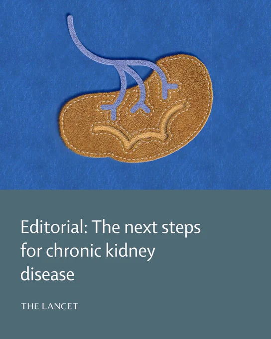 Promotional card for The Lancet's June 13, 2026 issue. Text reads Editorial: The next steps for chronic kidney disease. Image is a human kidney made of felt on blue background. Copyright: Carol Yepes via Getty Images.