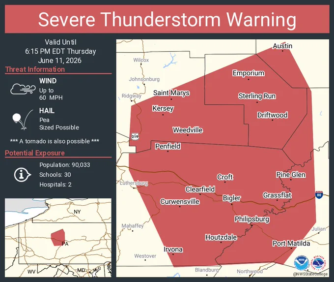 This graphic displays a severe thunderstorm warning plotted on a map. The warning is in effect until 6:15 PM EDT. The warning includes Saint Marys PA, Clearfield PA and Treasure Lake PA.  This warning is for Cameron County in north central Pennsylvania, Western Centre County in central Pennsylvania, Clearfield County in central Pennsylvania, Northwestern Clinton County in north central Pennsylvania, Southeastern Elk County in north central Pennsylvania and Southwestern Potter County in north central Pennsylvania. The threats associated with this warning are wind gusts up to 60 MPH and pea sized hail. There are 90,033 people in the warning along with 30 schools and 2 hospitals.