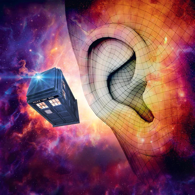 The TARDIS in a vibrant cosmic landscape with swirling colors and patterns in the shape of an ear. 