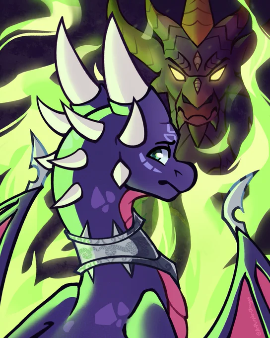 Cynder the dragon from the Legend of Spyro lit by green flames. Malefor is seen ominously in the background.