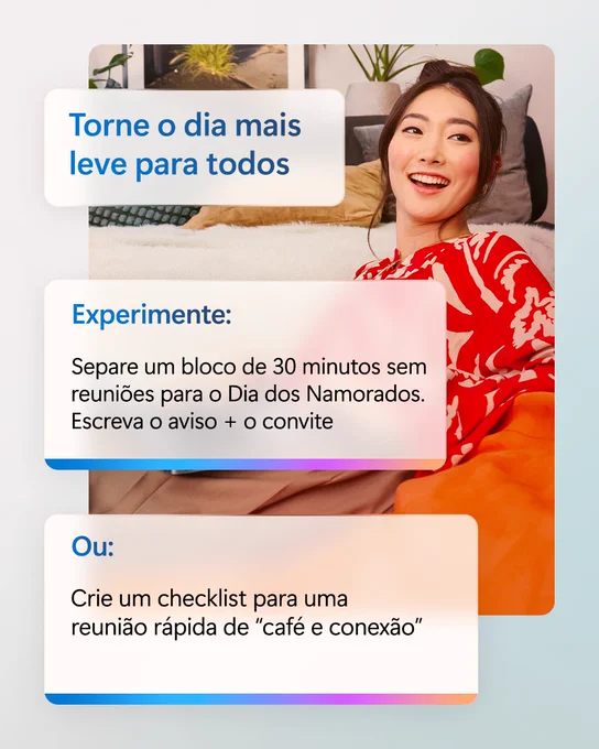 Pessoa sentada no sofá com cartões informativos sobrepostos.
