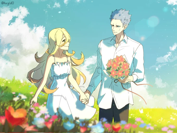 Drawing of Venus and Cyrus in a flower field with a blue sky in the background.  The two are wearing white clothing and looking at each other while smiling.  Cyrus is holding a bouquet of pink Gracidea flowers.