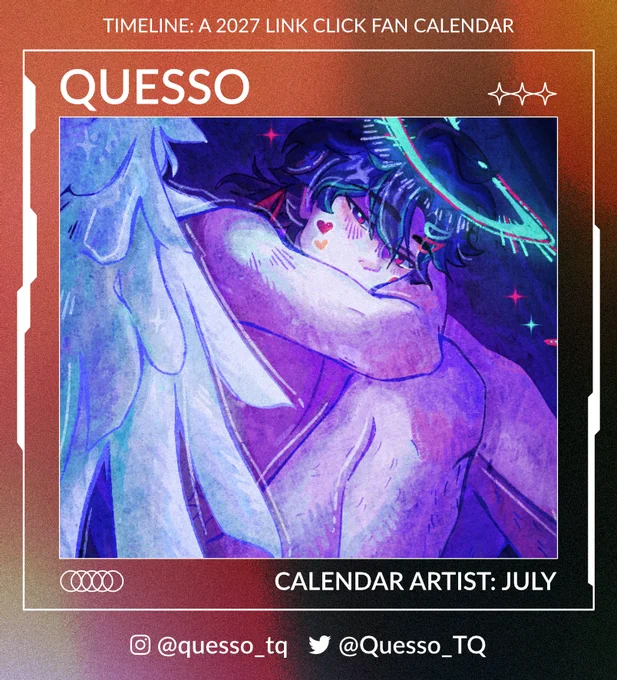 Framed by a camera UI design is the text, "Timeline: A 2027 Link Click Fan Calendar. Quesso! Calendar artist: July. @ Quesso_TQ on Twitter and Instagram." In the center is artwork by Quesso of Cheng Xiaoshi as an angel. Cheng Xiaoshi is curled up, a large white feathered wing obscures much of his body. A luminescence cyan halo and cyan star in the background highlight him, with red accents in the light and a red heart on his cheek. His mouth is hidden behind his arm, leaving his expression unknown but compelling.